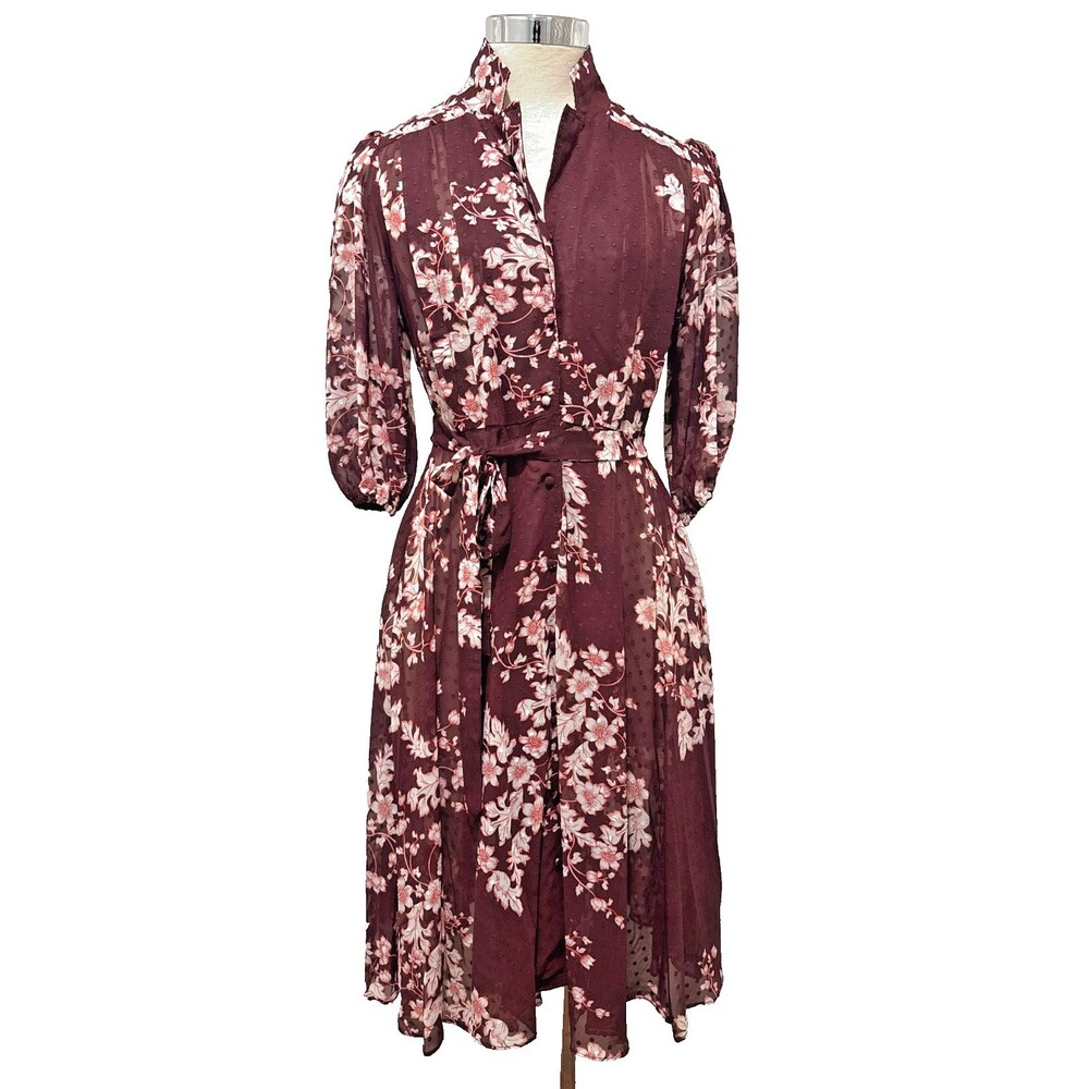NANETTE LEPORE  Burgundy & Pink Floral 3/4 sleeves Midi Office Dress Sz. 4